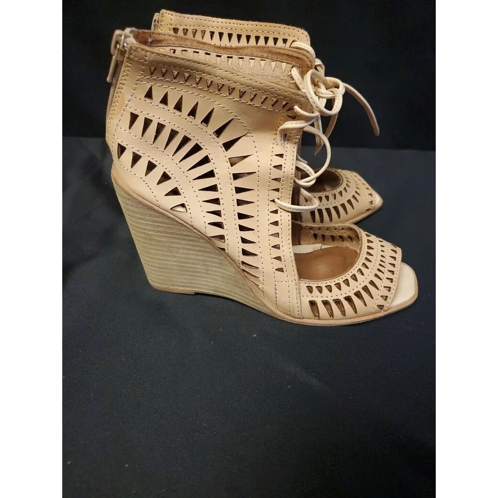 Jeffrey Campbell Rodillo Laser Cut Lace Up Wedge Leather Sandals Shoes Size 7